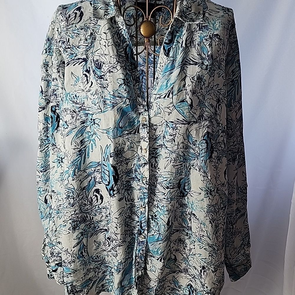 Linen Coastal Button Up Tunic Blouse size L Tahari
